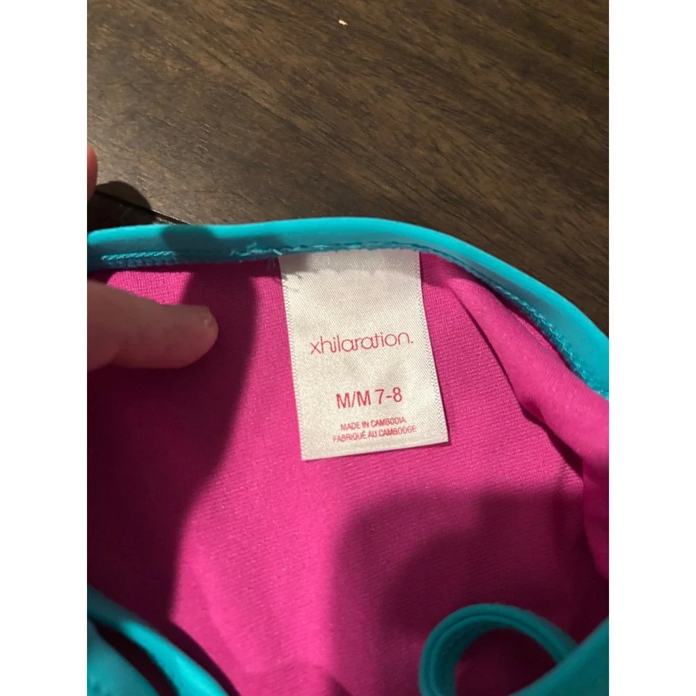 Xhilaration Girls Aqua Blue Pink Studded One Piece Swimsuit Size M 7-8